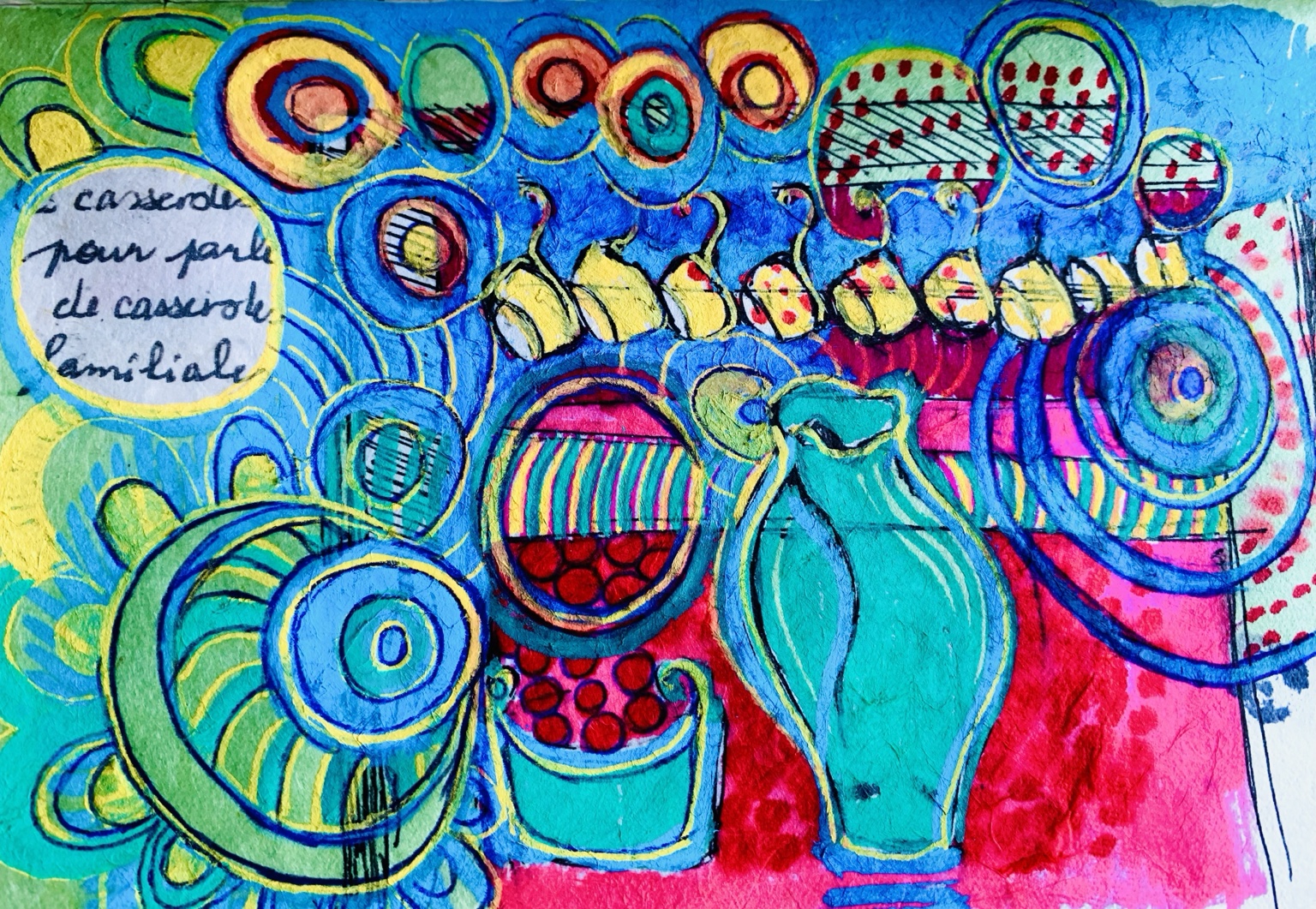 Carnet nomade de Juliette Savaëte, composition colorée autour d'une casserole familiale