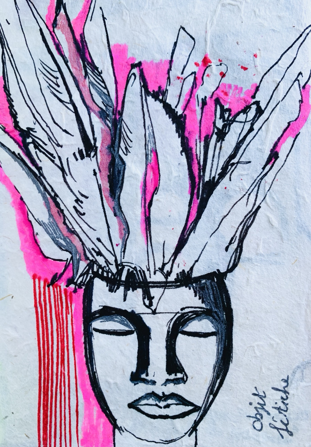 Carnet nomade de Juliette Savaëte, visage aux yeux fermés surmonté de formes verticales