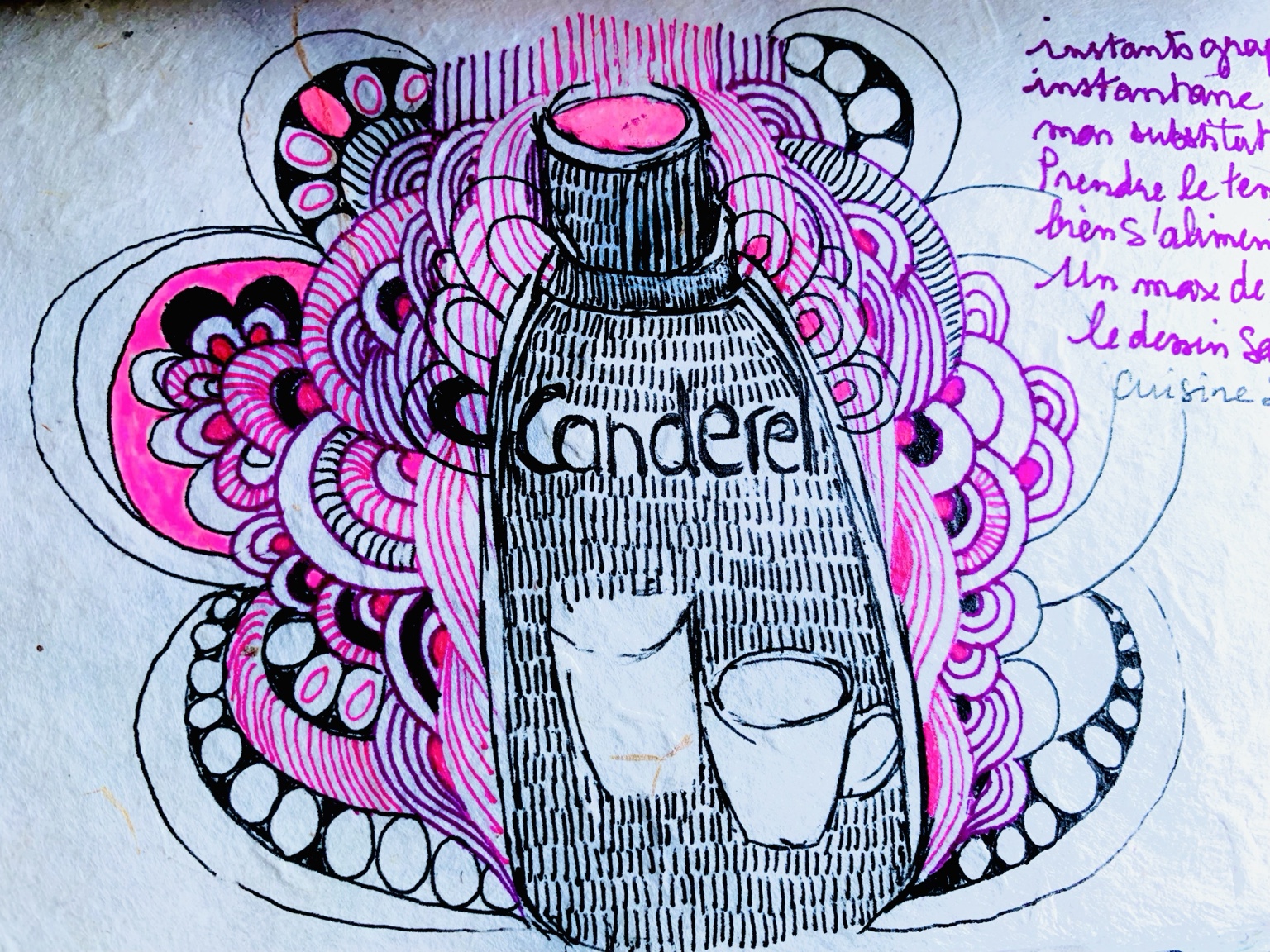 Carnet nomade de Juliette Savaëte, flacon Cancer entouré de motifs roses