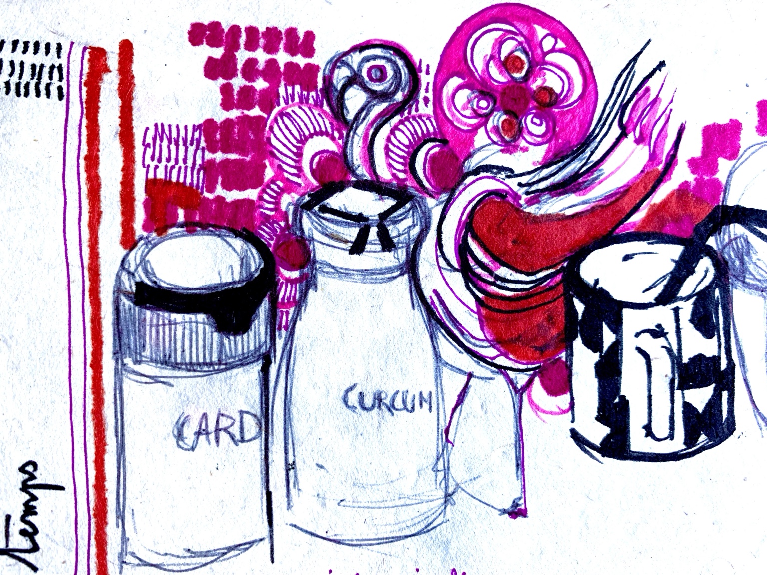 Carnet nomade de Juliette Savaëte, pots et formes organiques rouges et roses évoquant des épices