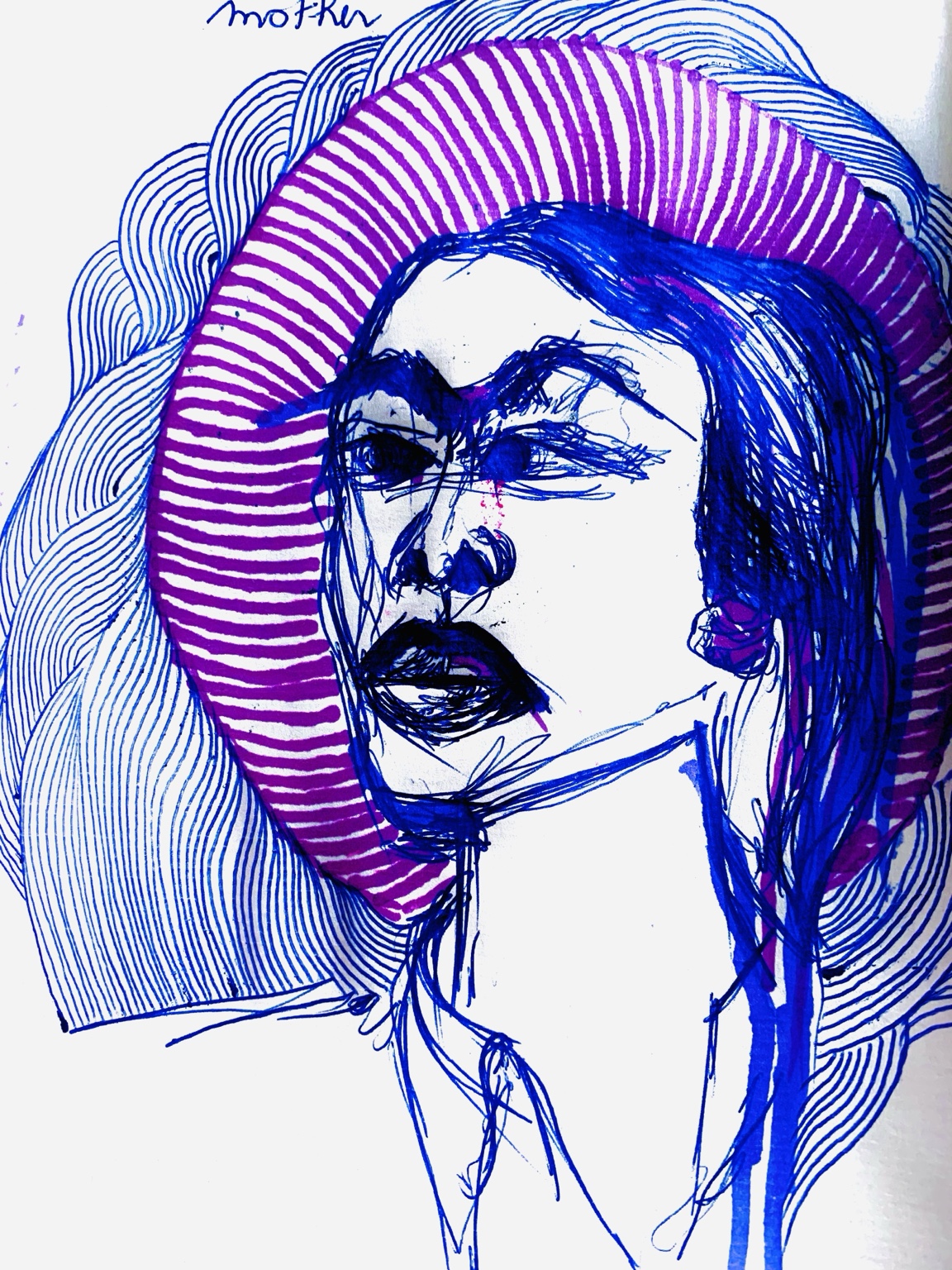 Carnet nomade de Juliette Savaëte, portrait féminin au trait bleu et violet